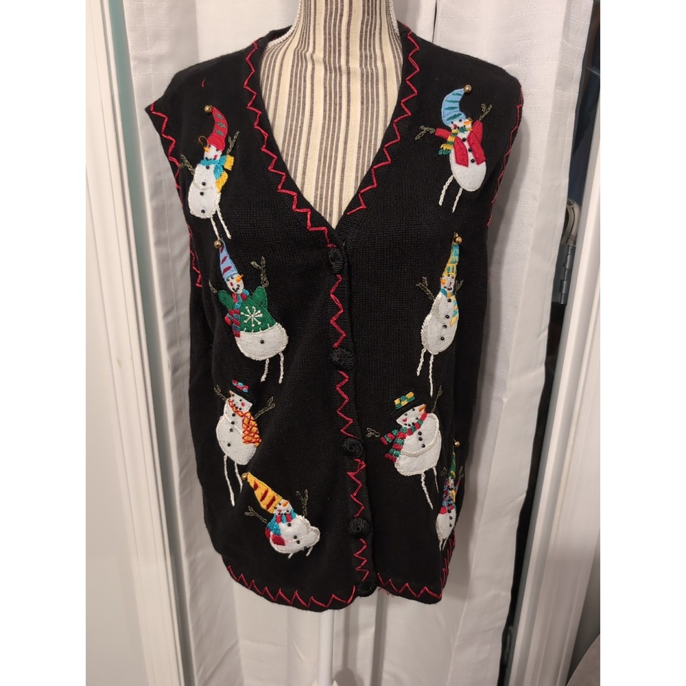 VTG. Lisa Intl. XL Cardigan Sweater Vest Christmas Snowman Granny Cottage Boho